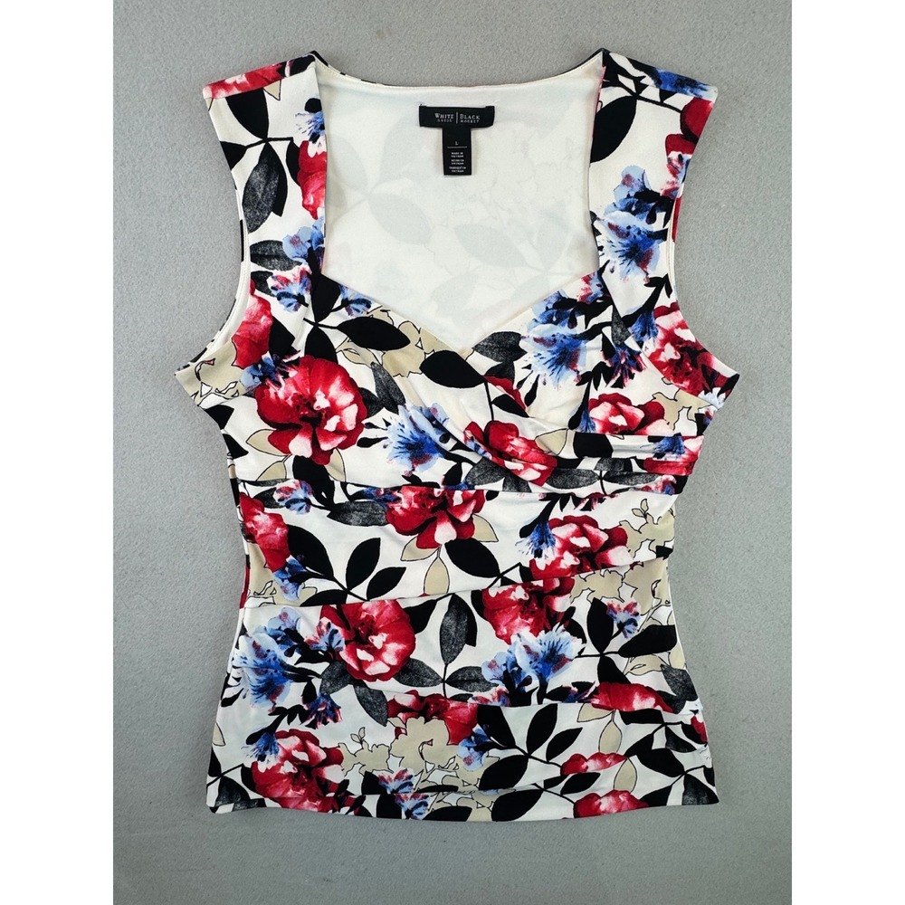 White House Black Market Floral Ruched Sleeveless Top Red Blue Large